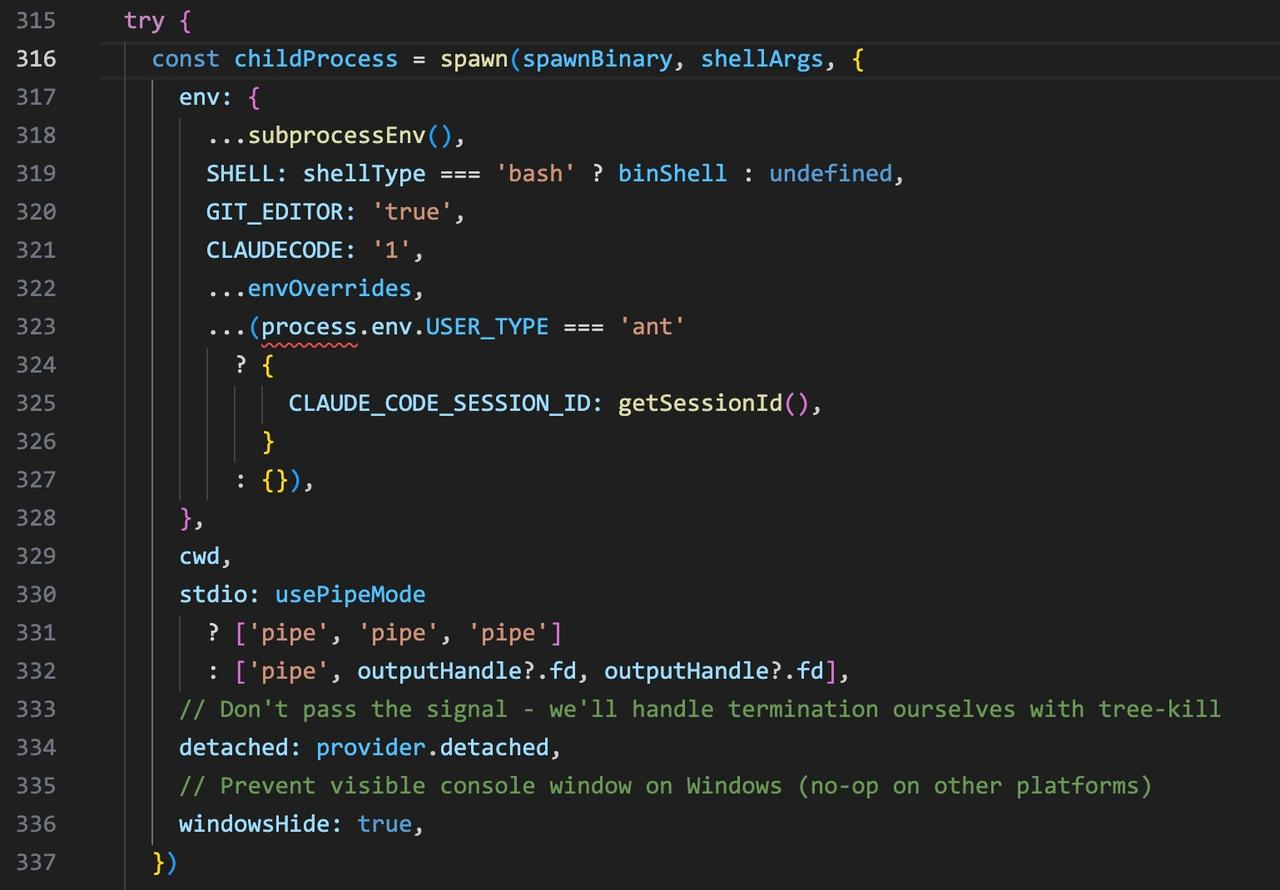 The spawn call in bashProvider.ts: spawn(spawnBinary, shellArgs, {&hellip;}). spawnBinary is the shell binary; shellArgs carries the assembled command string. The process runs detached with stdio piped.