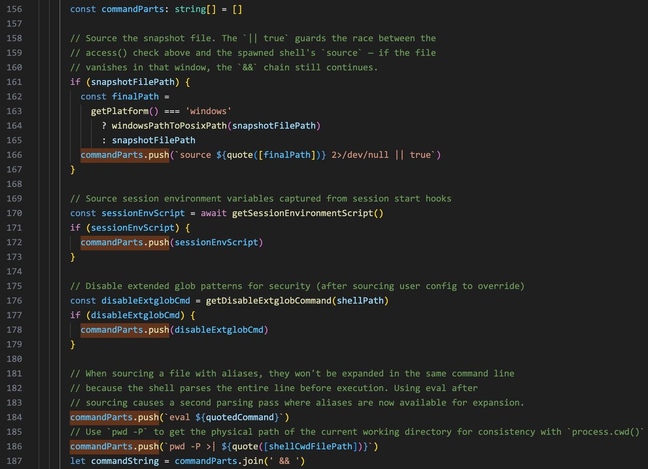 buildExecCommand() in bashProvider.ts. Each part is annotated in the source — the comments explain exactly why it&rsquo;s there.