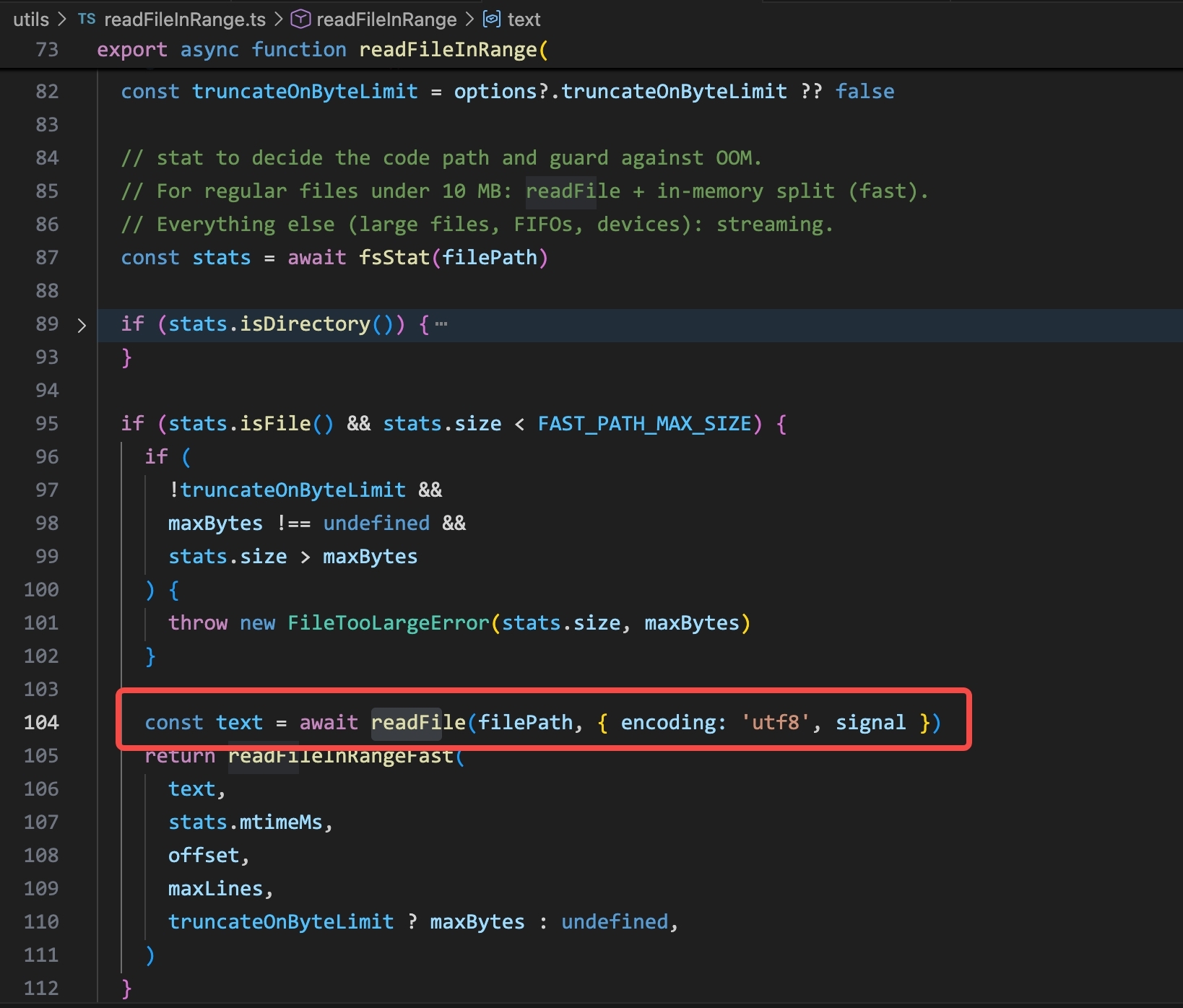 readFileInRange() in Claude Code: for regular files under the size limit, a single readFile() call reads the content. This is the syscall that generates a DeviceFileEvents FileRead entry.