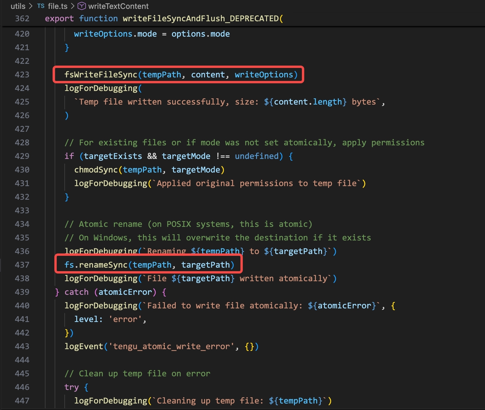writeFileSyncAndFlush() in Claude Code: write to a temp path, then rename atomically. EDR sees two events: FileCreated on the temp path, then FileRenamed to the final path.