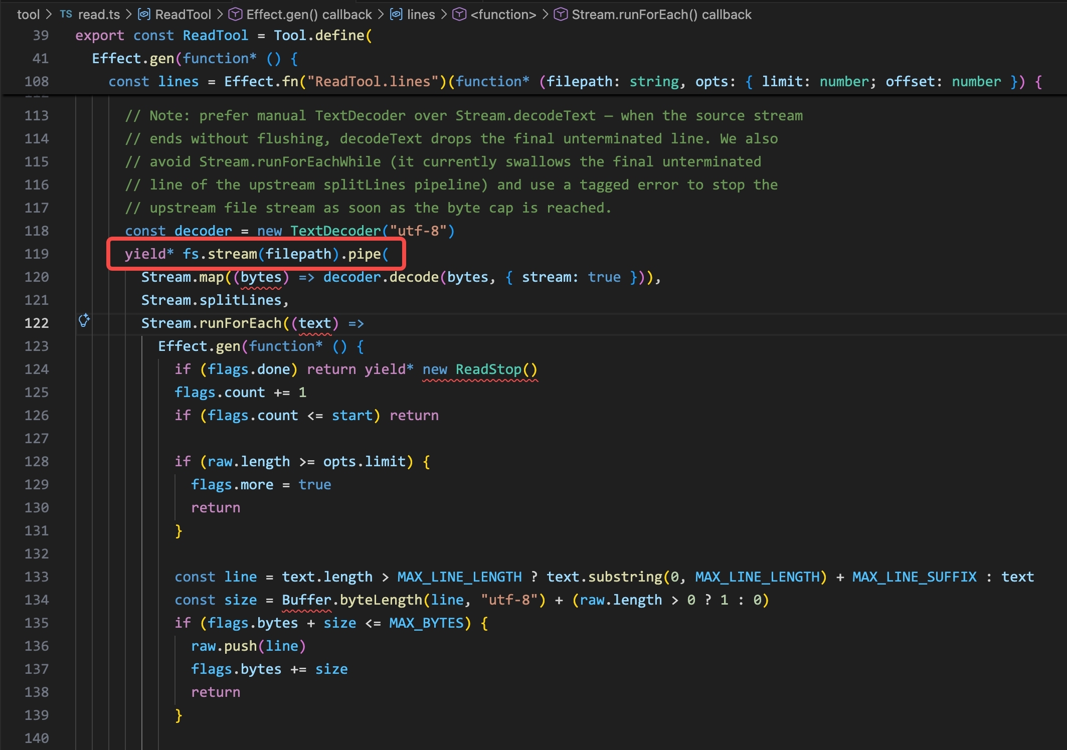 read.ts in OpenCode: fs.stream(filepath).pipe(&hellip;) reads the file line by line via a streaming pipeline. No subprocess — the agent reads the file directly via native API.