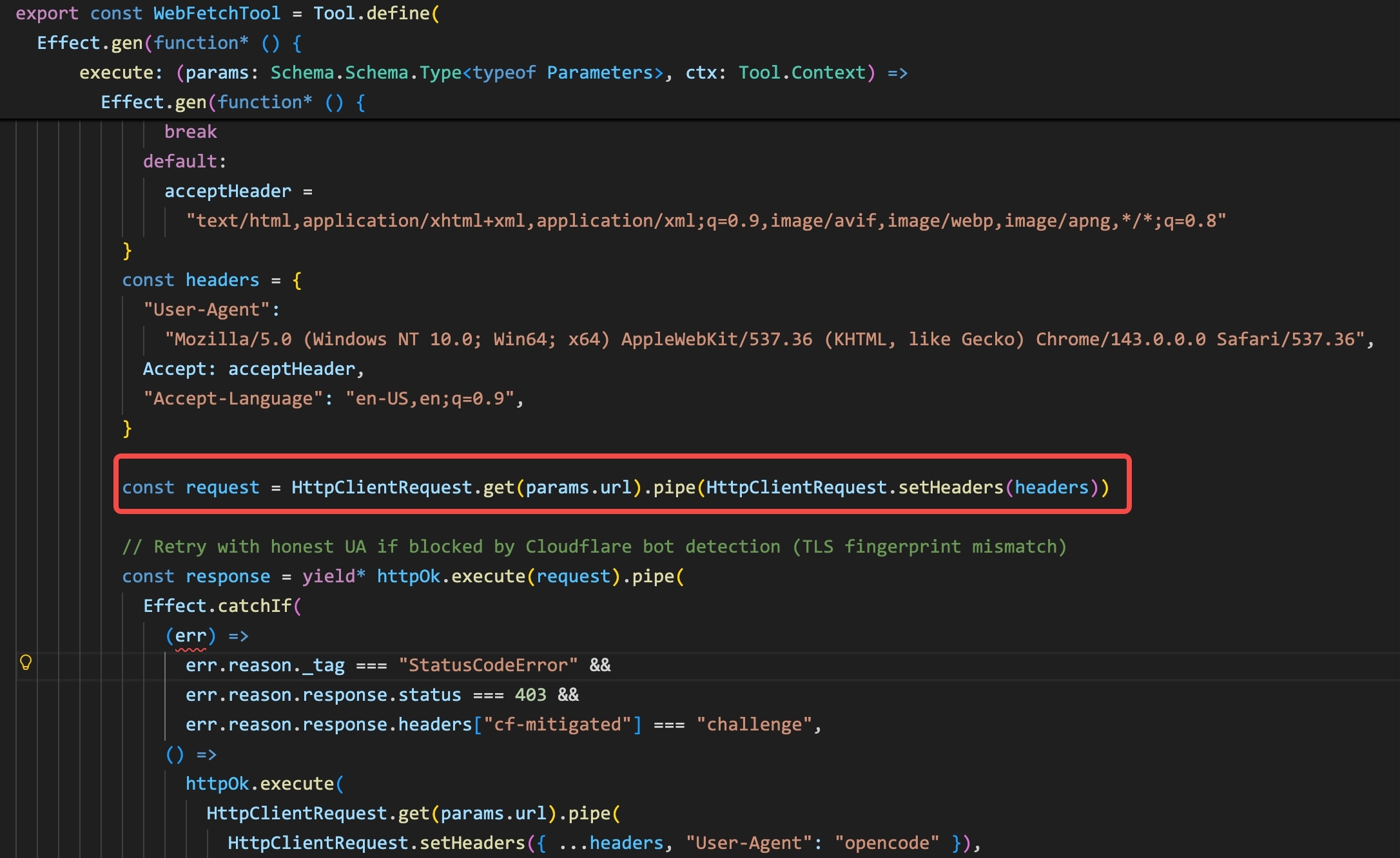 WebFetchTool in OpenCode: HttpClientRequest.get(params.url).pipe(HttpClientRequest.setHeaders(headers)). Same pattern — HTTP request from the opencode process directly, no subprocess.