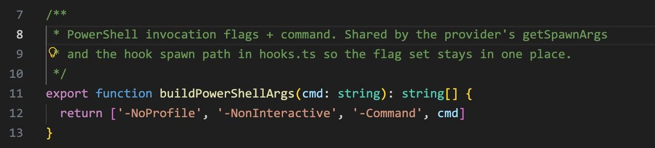 buildPowerShellArgs(): fixed flags -NoProfile -NonInteractive -Command. No snapshot sourcing — unlike bash, there&rsquo;s no shell env to replay.