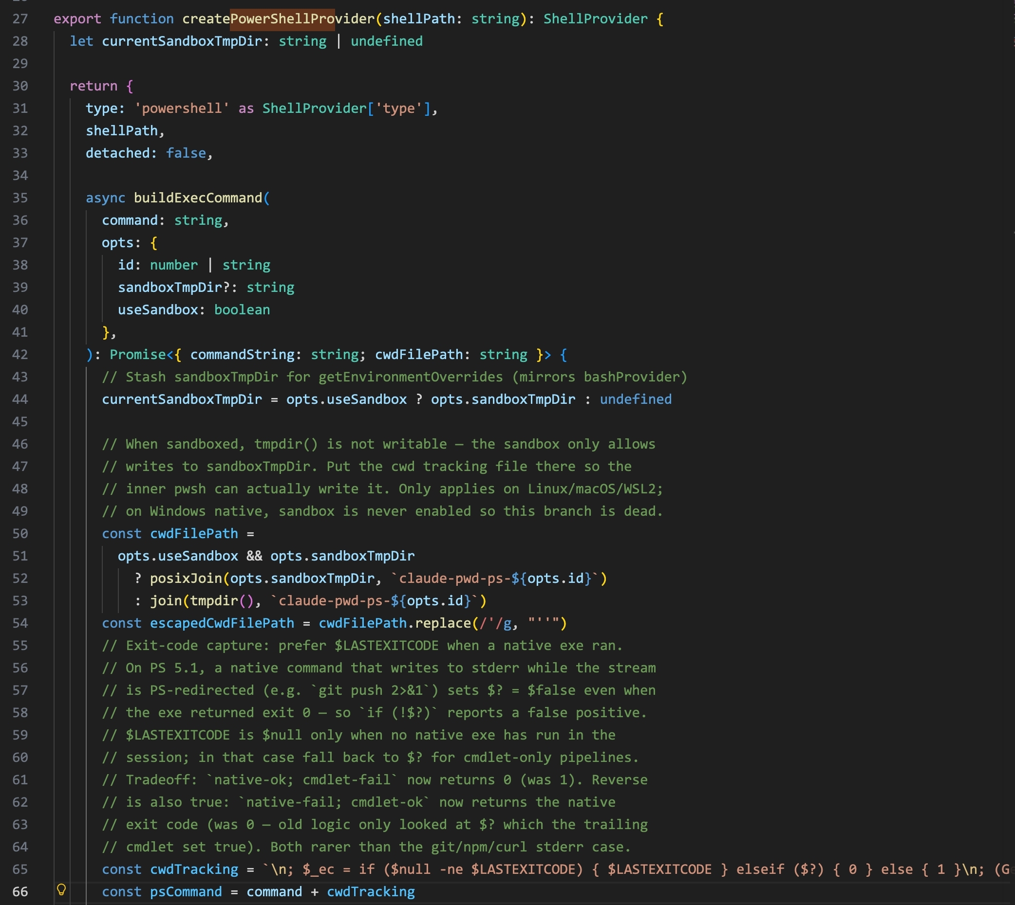 createPowerShellProvider() in bashProvider.ts: the command string is assembled with the user&rsquo;s command, exit code capture via $LASTEXITCODE, and cwd tracking written to a temp file.