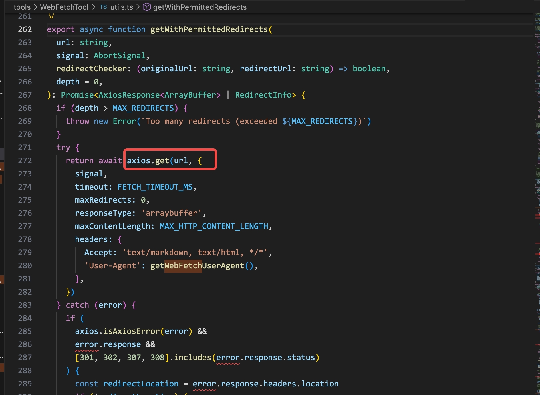 getWithPermittedRedirects() in Claude Code: axios.get(url, {&hellip;}) with a custom User-Agent header. The HTTP request is made from the claude process itself — no subprocess.